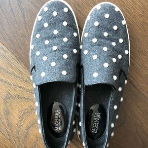 Michael Kors gray and pearl slide on shoes